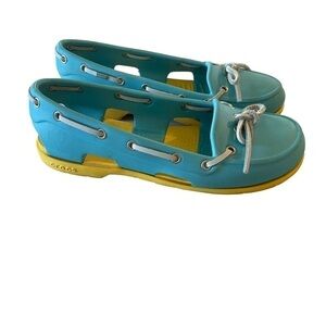 Crocs Beach Line Boat Shoes Bright Yellow Blue Women's 6 Rubber Slip On Loafers